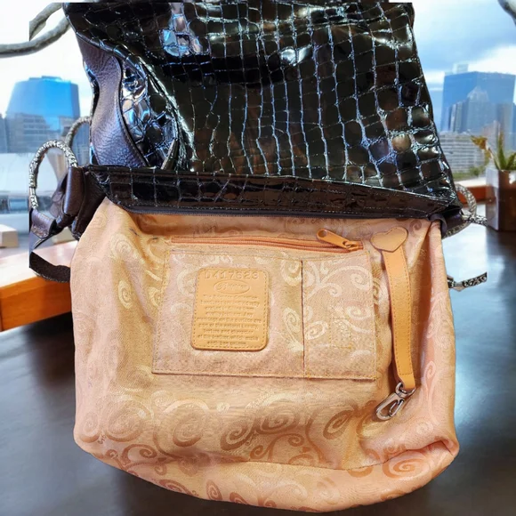 **Brighton Cher Espresso Croco Patient Leather Shoulder Bag Excellent Condition